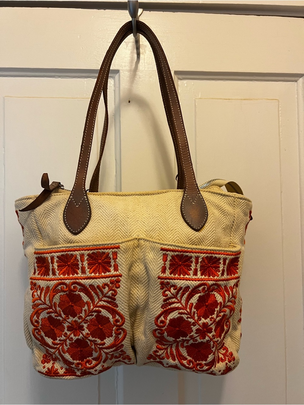 Brighton Cream Tote with orange Embroidered Trim and Brown Leather Handles